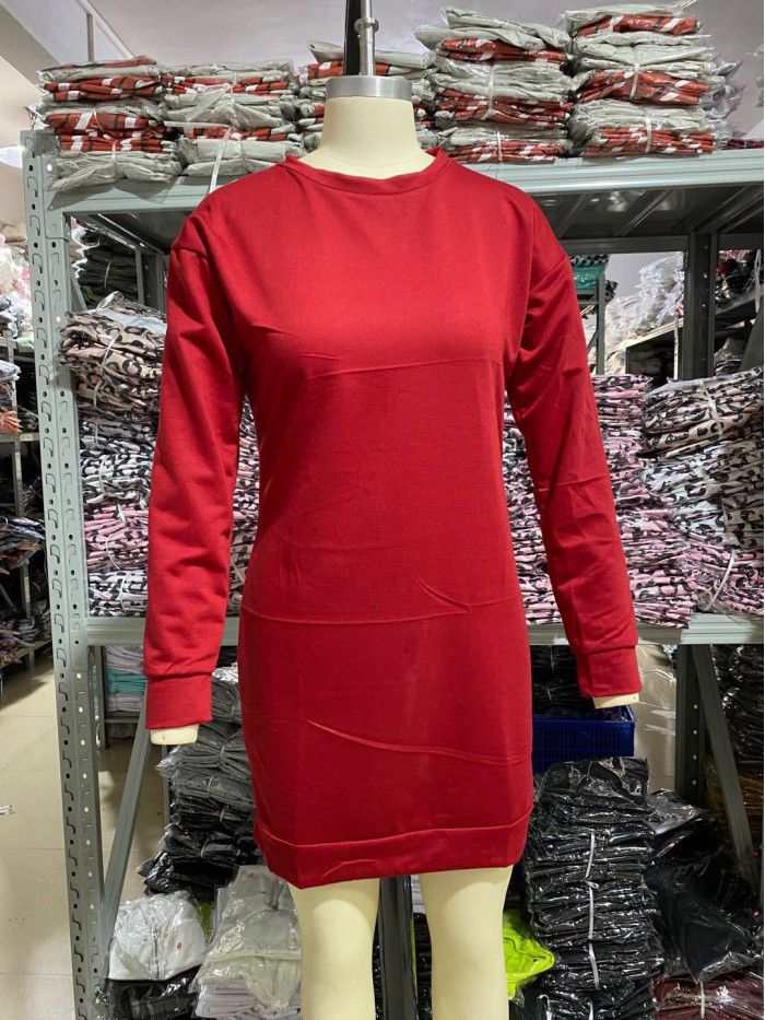 Winter New Casual Round Neck Solid Color Mid length Sweater Dress for Women