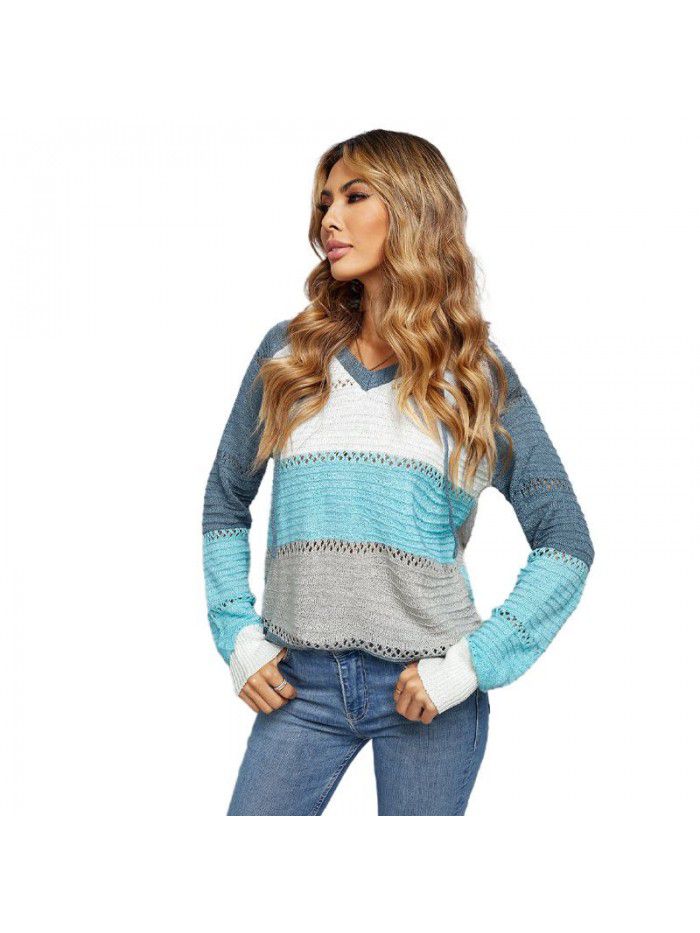 Knitted striped hooded sweater for women Spring and Autumn new long sleeved loose colored pullover top for women