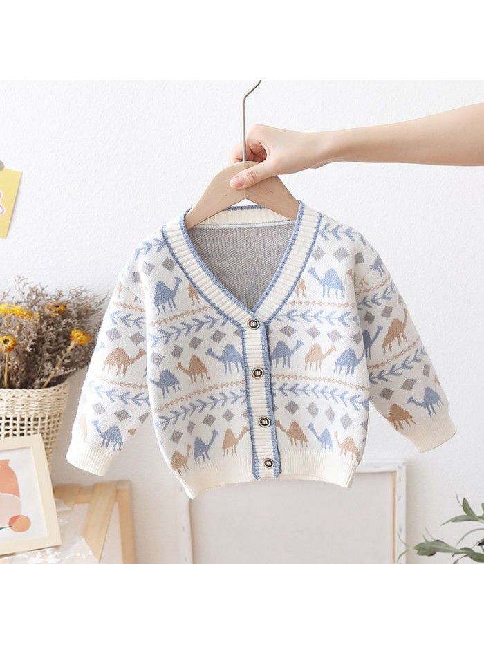 Boys' Dinosaur Cartoon Sweater Cardigan Autumn/Winter Baby Knitted V-Neck Outerwear Children's Coat