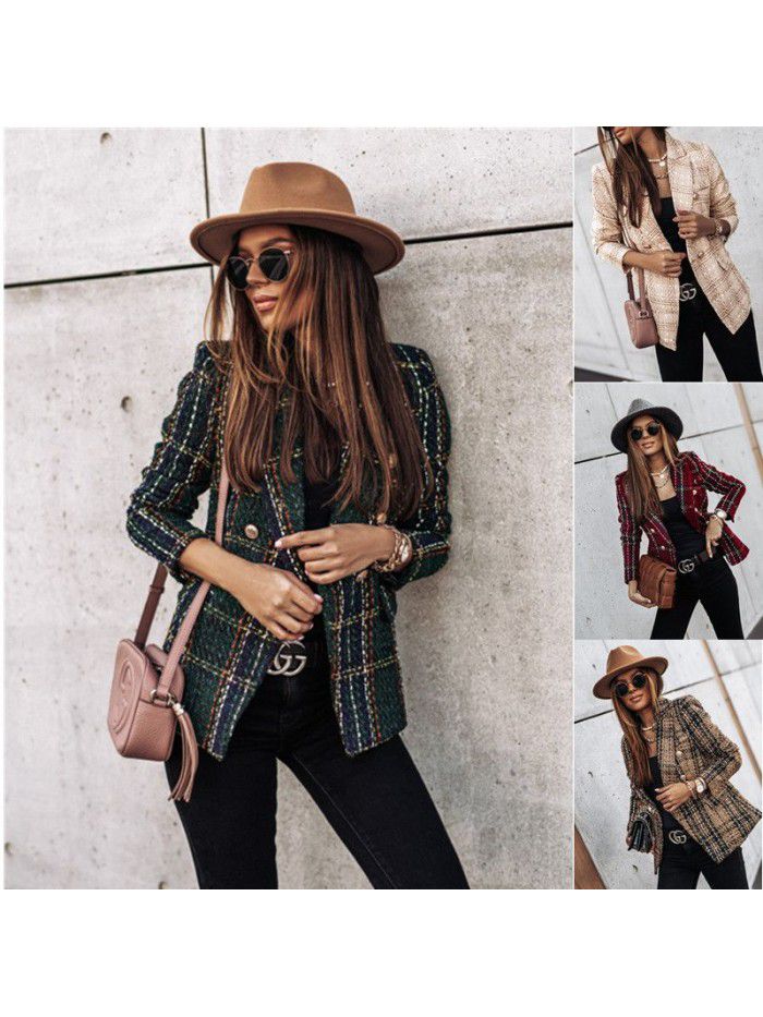 Autumn and winter long-sleeved double-breasted suit collar printed jacket for women 