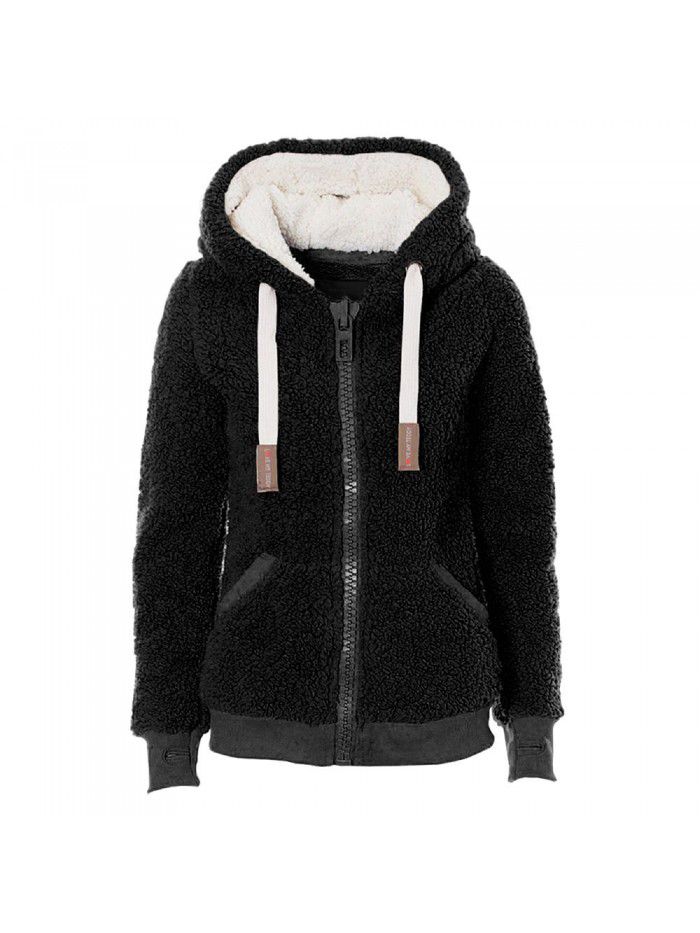 Autumn and Winter Hooded Plush Cardigan Long Sleeve Sweater Women's Jacket Loose Coat 