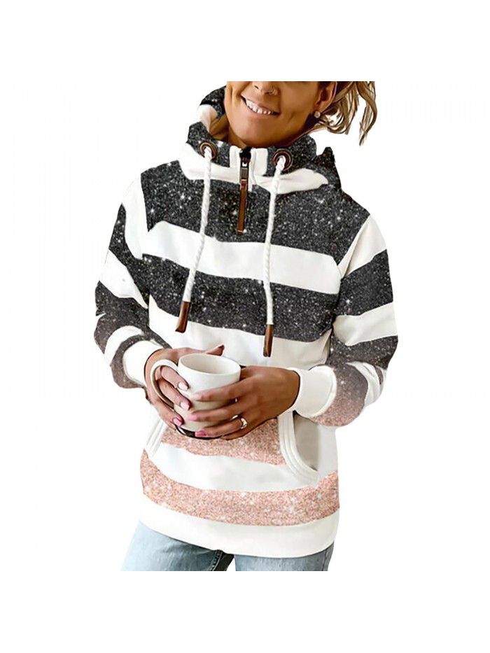 Autumn and winter women's printed hooded drawstring sweater loose fitting casual sweater for women