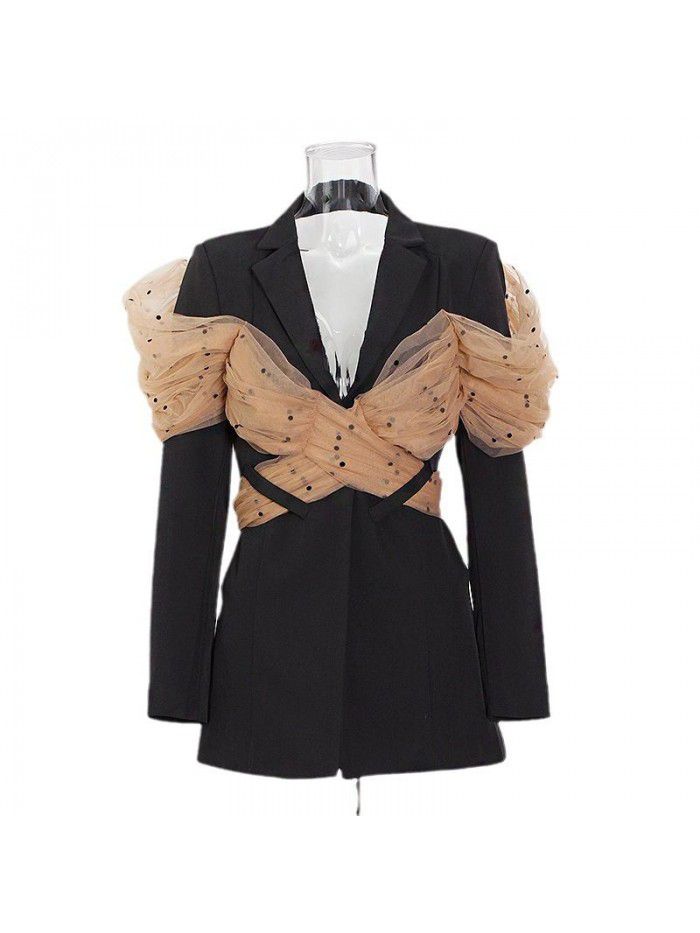 Women's autumn patchwork mesh red black casual suit top with a suit jacket