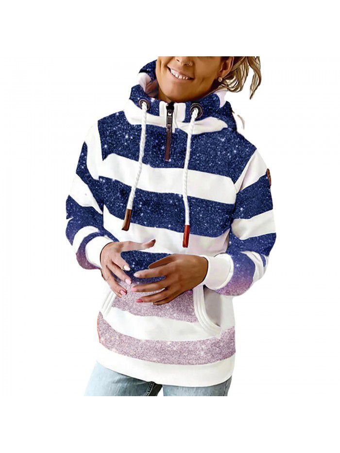Autumn and winter women's printed hooded drawstring sweater loose fitting casual sweater for women
