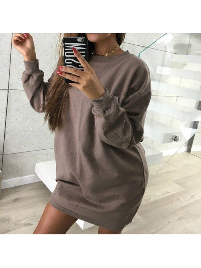 Winter New Casual Round Neck Solid Color Mid length Sweater Dress for Women