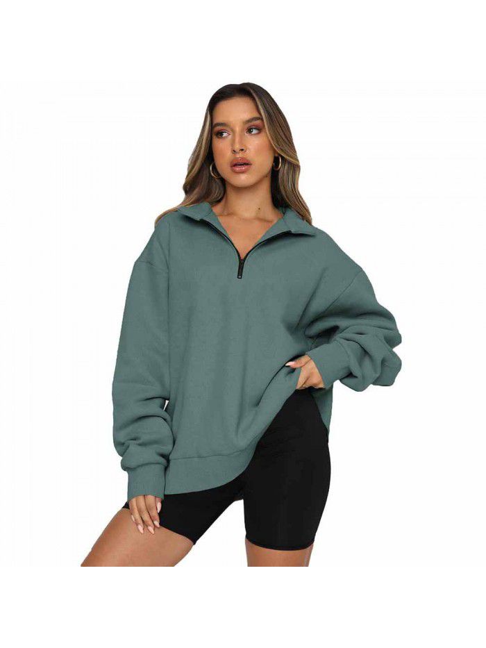 Shi Ying Zipper Lapel Large Sweater Women's Solid Loose Versatile Top