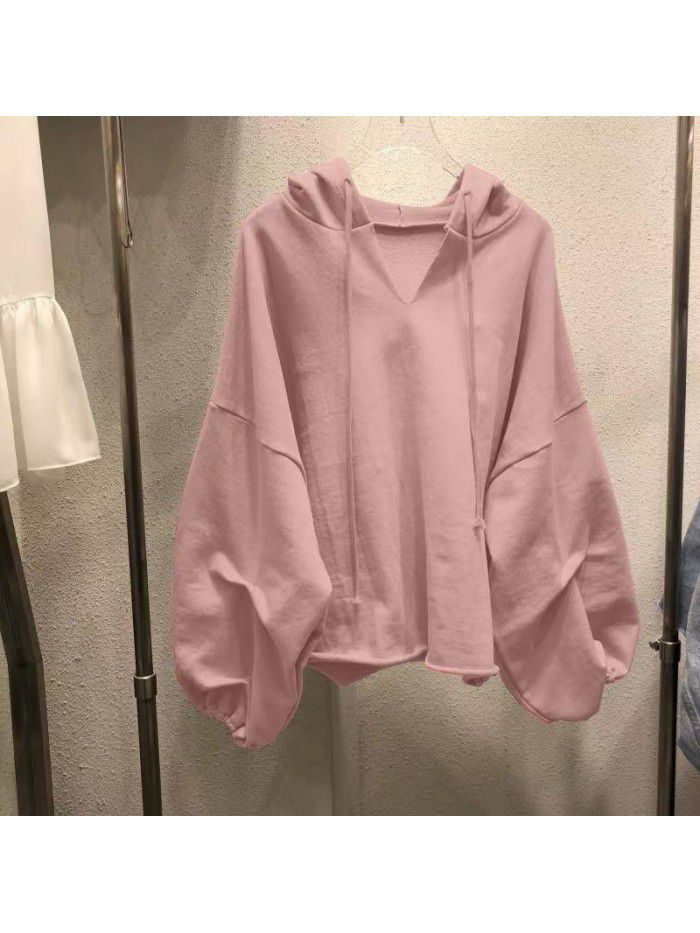 Cotton sweater Women's hooded Spring and Autumn New Thin Loose Korean version Solid V-neck Student Top Women's Wear 