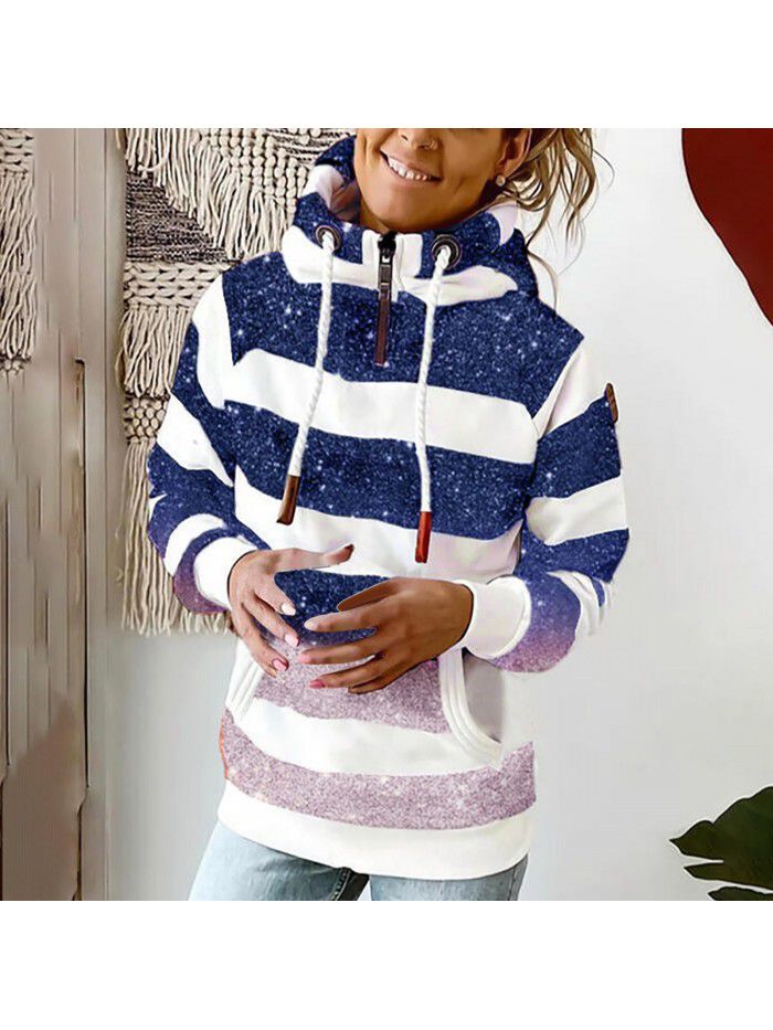 Autumn and winter women's printed hooded drawstring sweater loose fitting casual sweater for women