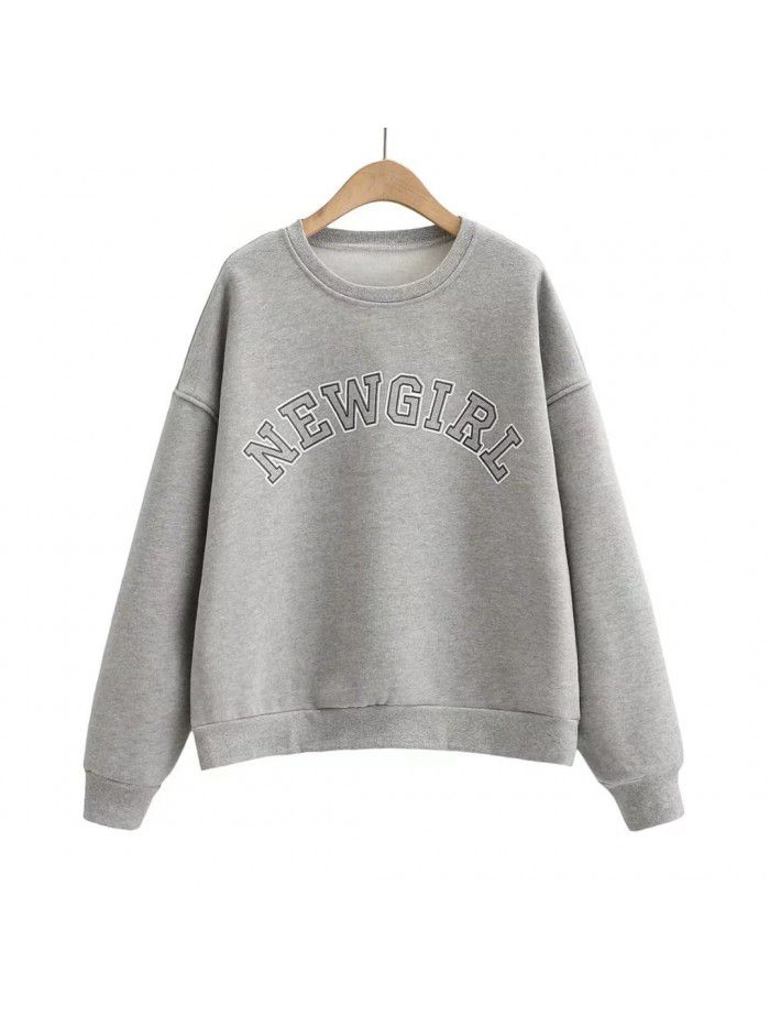 Autumn and Winter New Korean Loose Round Neck Large Print Plush Long Sleeve Pullover Women 