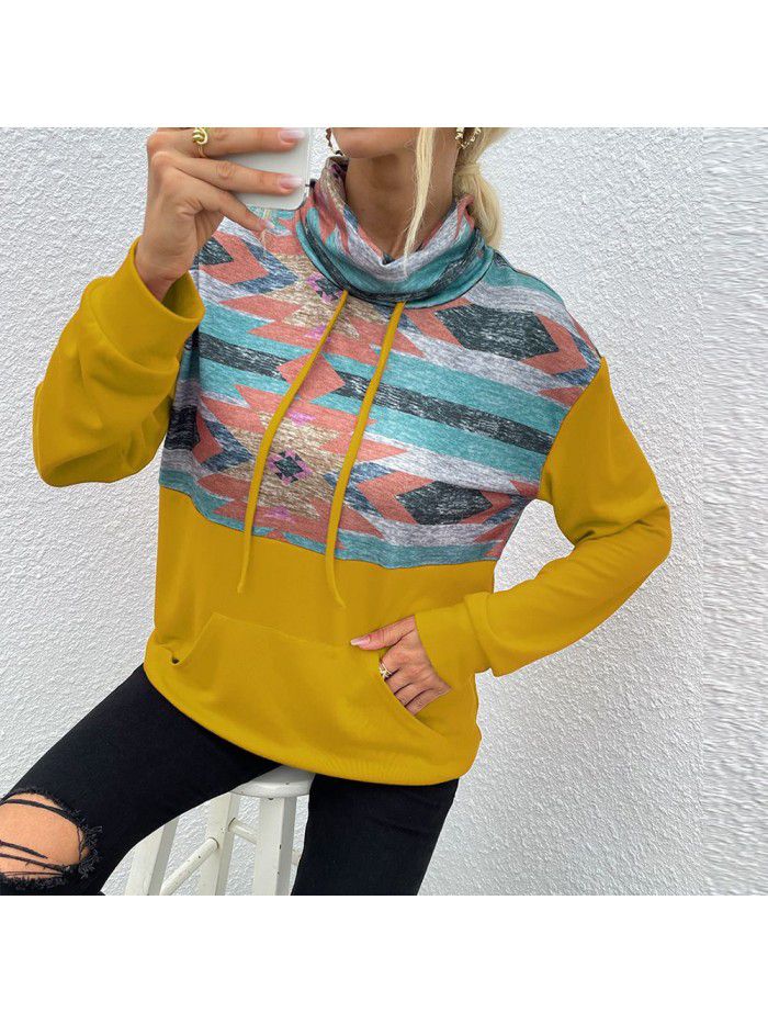 Autumn and Winter New Stacked Collar Pullover Fashion Printed Color Block Women's Sweater