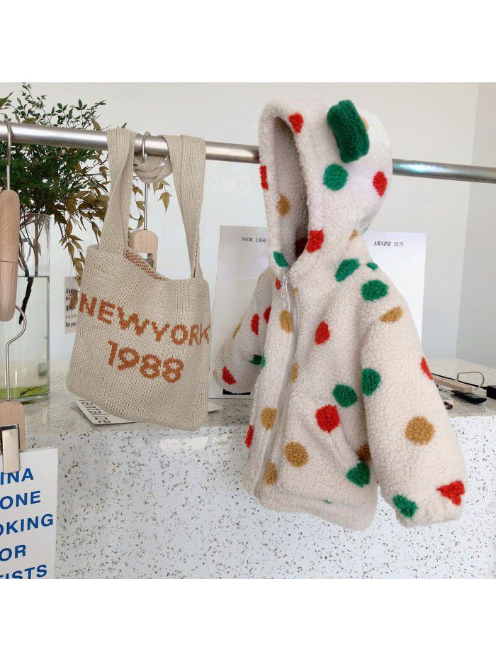 Girls' Lamb Fleece Coat Winter Fashionable Girl Baby Korean Edition Colorful Dotted Thickened Fur Top