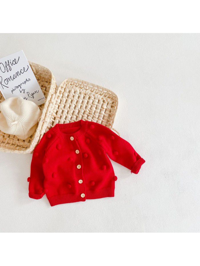 Versatile for boys and girls in spring and autumn, children's handmade ball knitting jacket, cotton long-sleeved newborn new year's clothes 