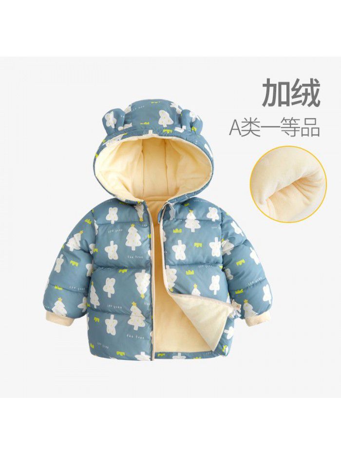 Baby's down cotton jacket, autumn and winter outdoor wear, foreign style plush hooded jacket, cute warm winter coat for boys and girls 