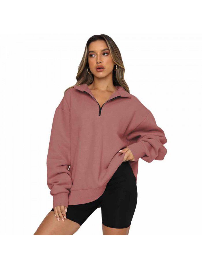 Shi Ying Zipper Lapel Large Sweater Women's Solid Loose Versatile Top