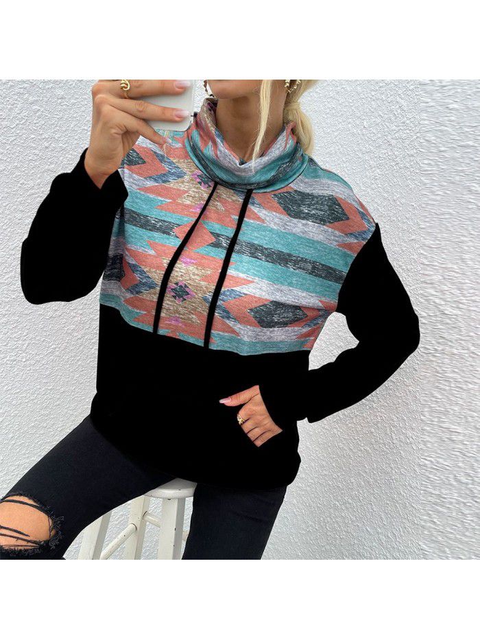 Autumn and Winter New Stacked Collar Pullover Fashion Printed Color Block Women's Sweater