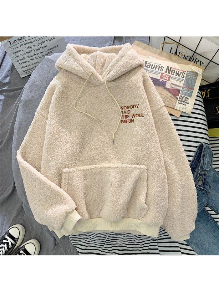 Imitation cashmere sweater women's Korean fashion students loose bf lazy autumn and winter plush thickened hoodie top 