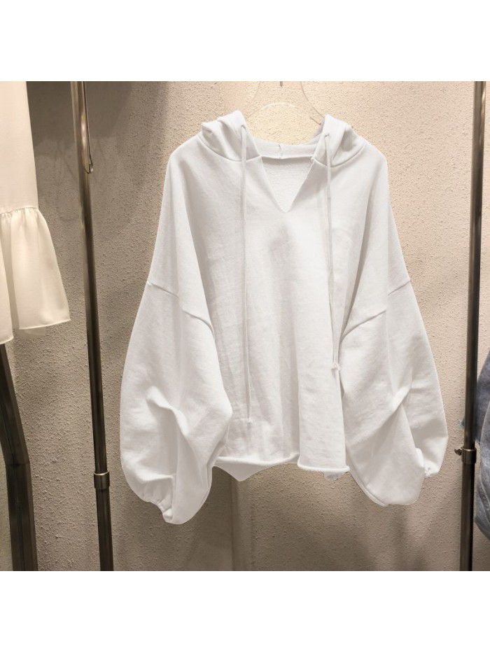 Cotton sweater Women's hooded Spring and Autumn New Thin Loose Korean version Solid V-neck Student Top Women's Wear 