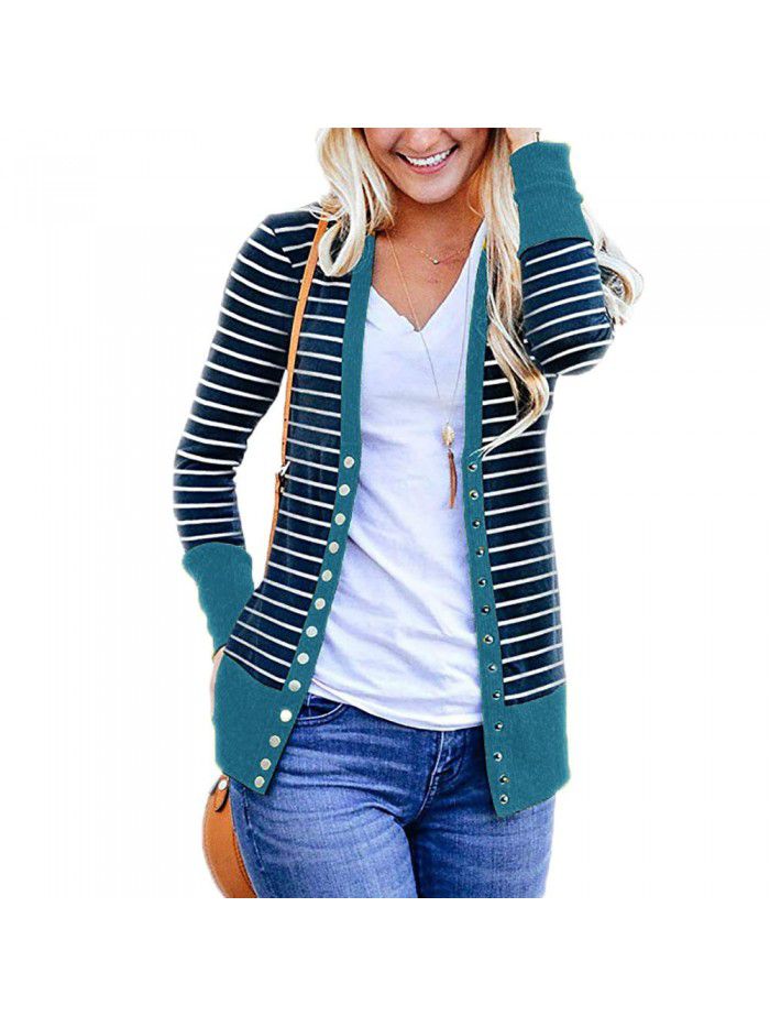 Women's striped patchwork medium length long sleeved single breasted cardigan jacket