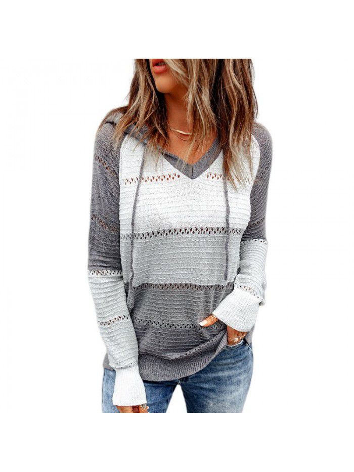 Knitted striped hooded sweater for women Spring and Autumn new long sleeved loose colored pullover top for women