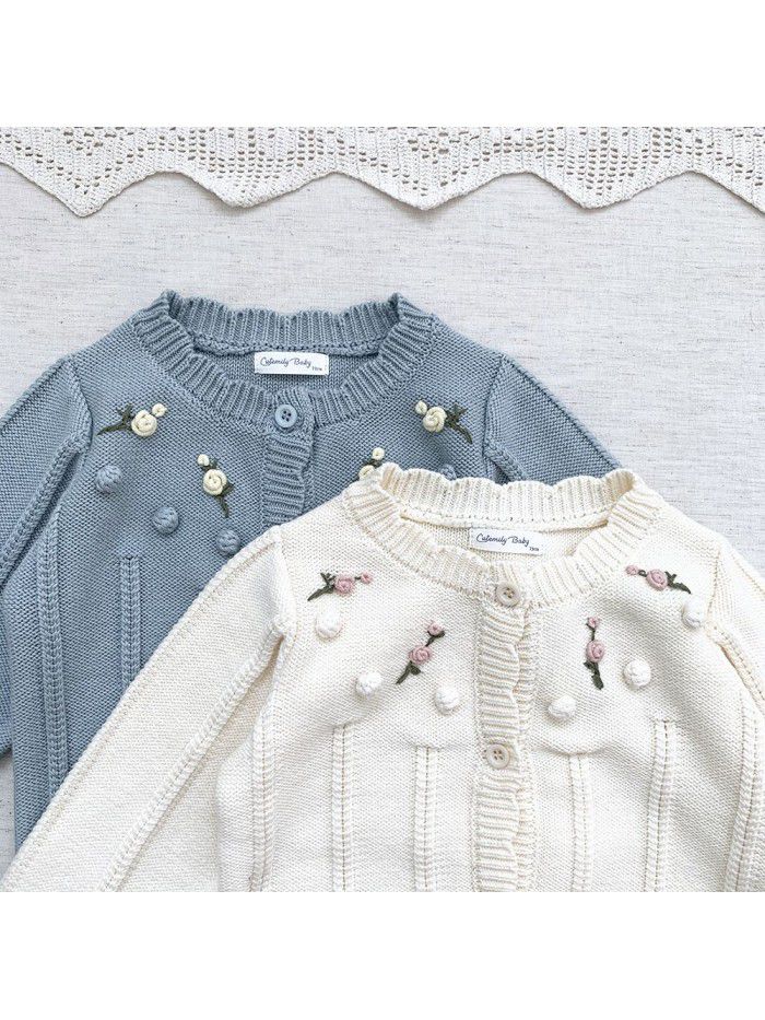 Baby girls embroidered cardigan sweater baby girls hand hook wool ball embroidered coat 
