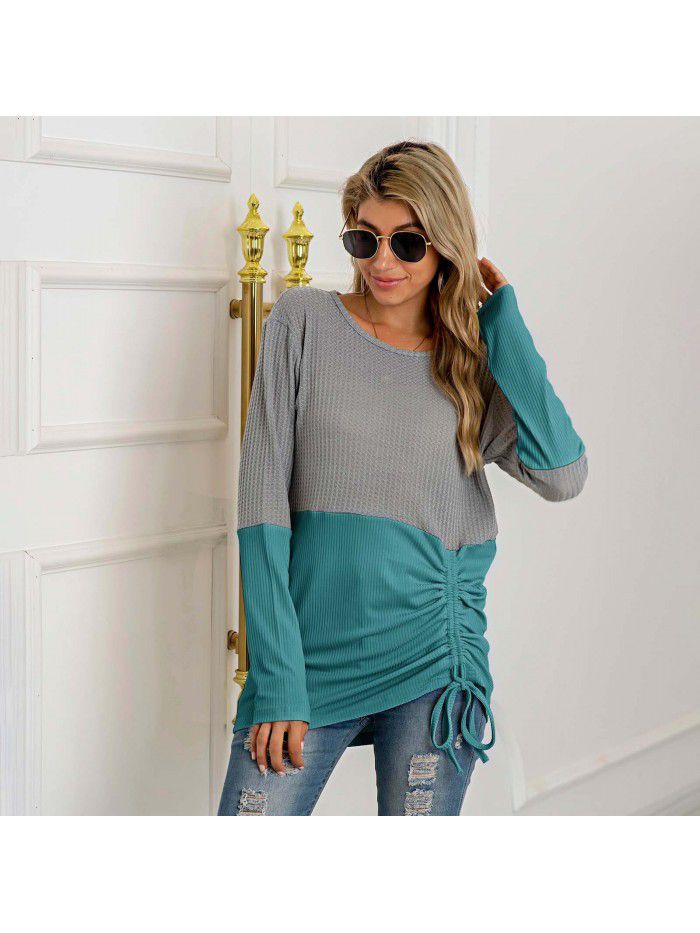 Splice knit shirt drawstring round neck versatile sweater women's large size