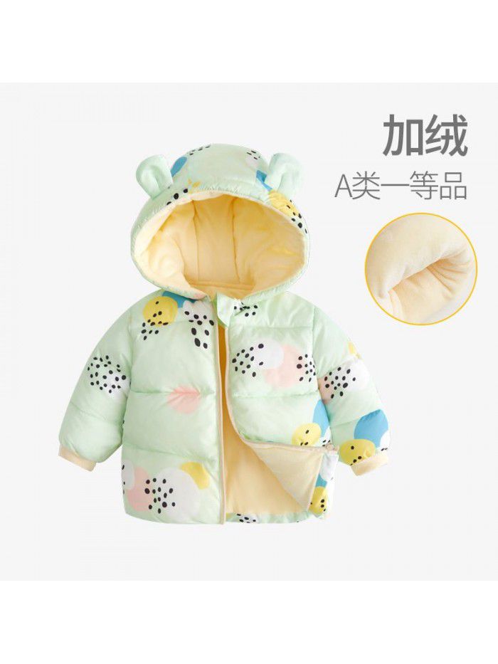 Baby's down cotton jacket, autumn and winter outdoor wear, foreign style plush hooded jacket, cute warm winter coat for boys and girls 