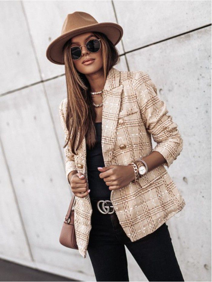 Autumn and winter long-sleeved double-breasted suit collar printed jacket for women 