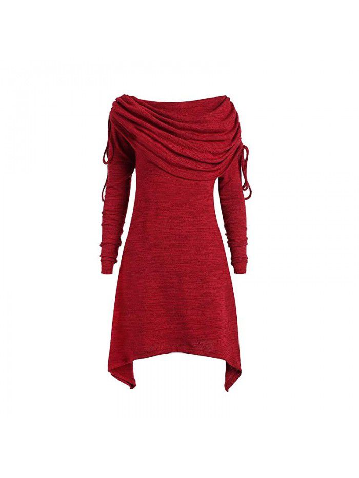 Autumn women's long sleeved pleated collar casual extended fashionable sweater