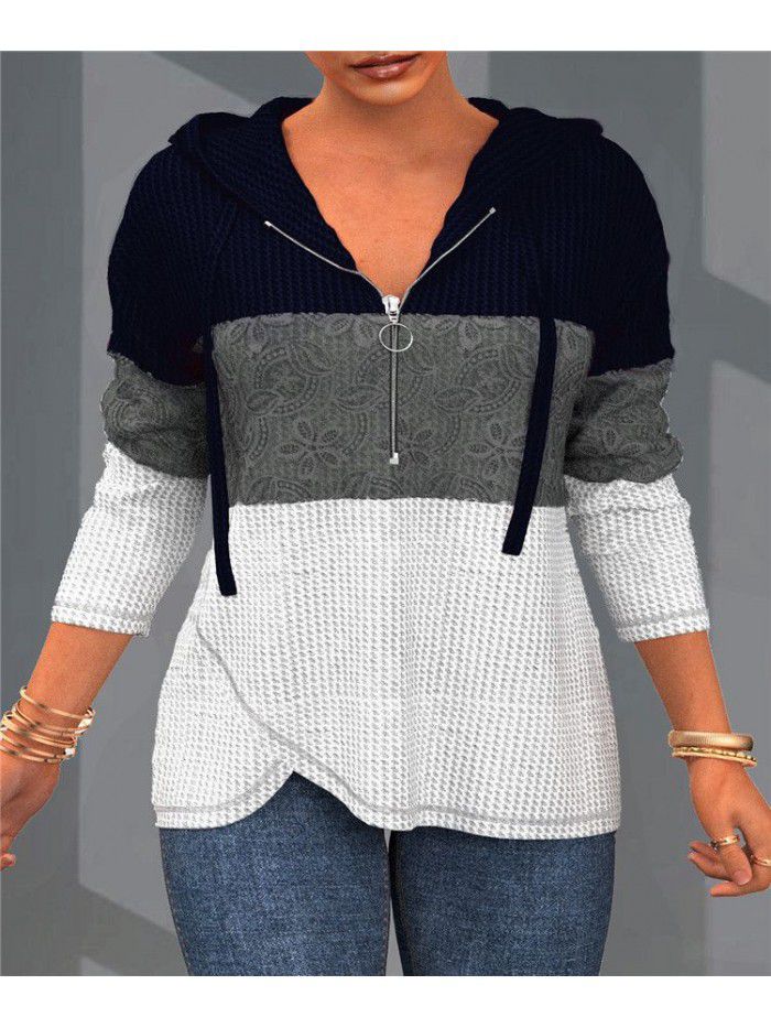 Autumn and Winter Temperament Hooded Colorful Zipper Sweater for Women