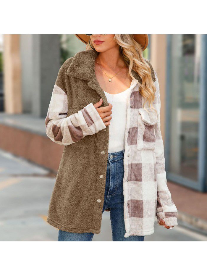 Autumn and winter women's casual long sleeved lapel contrast plaid single breasted knitted jacket