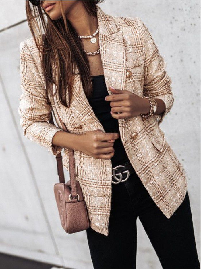 Autumn and winter long-sleeved double-breasted suit collar printed jacket for women 