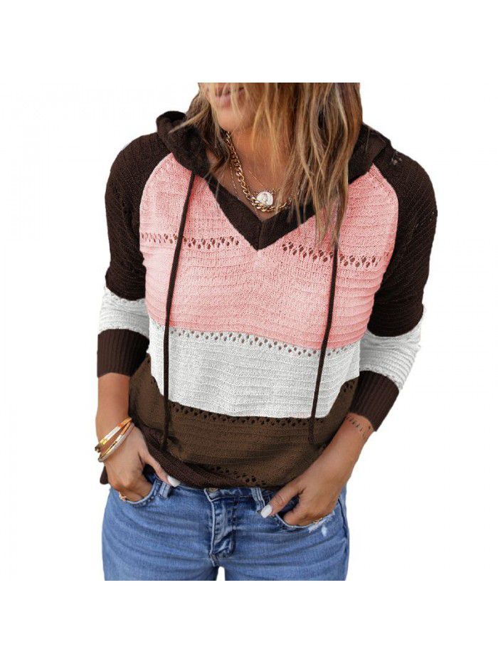Knitted striped hooded sweater for women Spring and Autumn new long sleeved loose colored pullover top for women