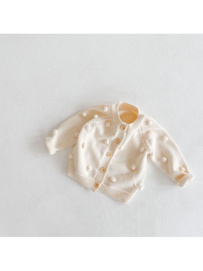 Versatile for boys and girls in spring and autumn, children's handmade ball knitting jacket, cotton long-sleeved newborn new year's clothes 