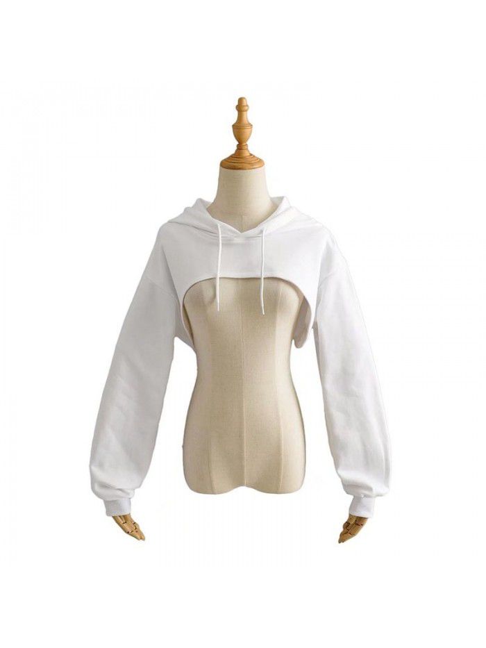 Short sports drawstring hoodie for women's solid color versatile long sleeved hoodie top