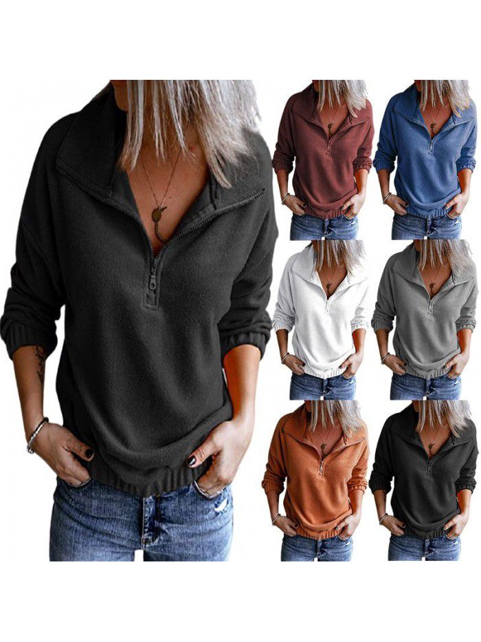 Solid color fleece standing neck zippered sweater for women casual long sleeved top for women