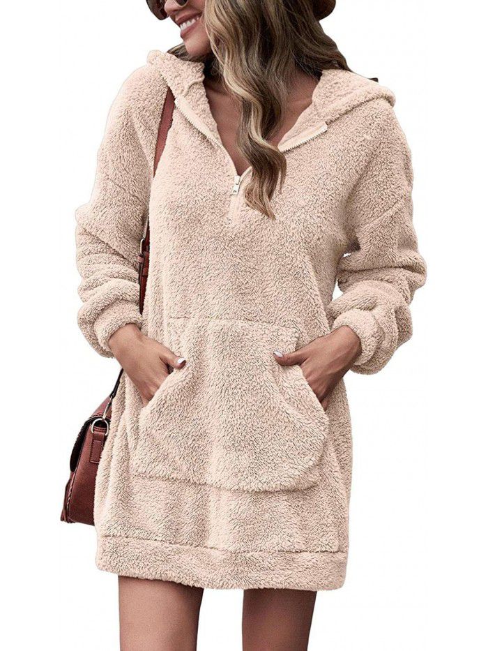 Casual loose hooded zippered plush jacket Loose warm lamb plush trench coat