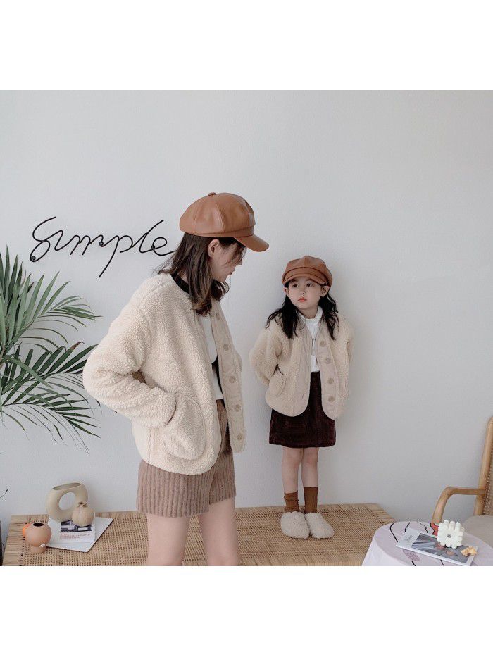 Children's winter jacket loose plush Gary cotton jacket for boys and girls plush thickened jacket solid color