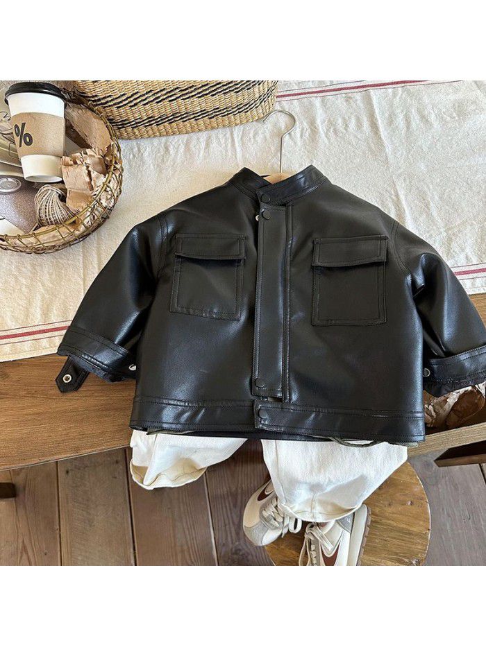 Boys' leather jacket, autumn outfit, new children's leather jacket, Korean version, girls' spring and autumn motorcycle clothing for small and medium-sized children