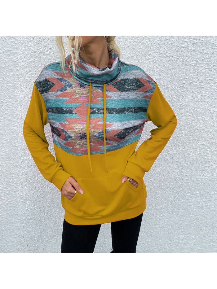 Autumn and Winter New Stacked Collar Pullover Fashion Printed Color Block Women's Sweater
