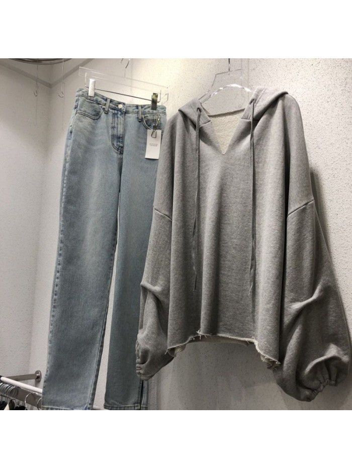 Cotton sweater Women's hooded Spring and Autumn New Thin Loose Korean version Solid V-neck Student Top Women's Wear 