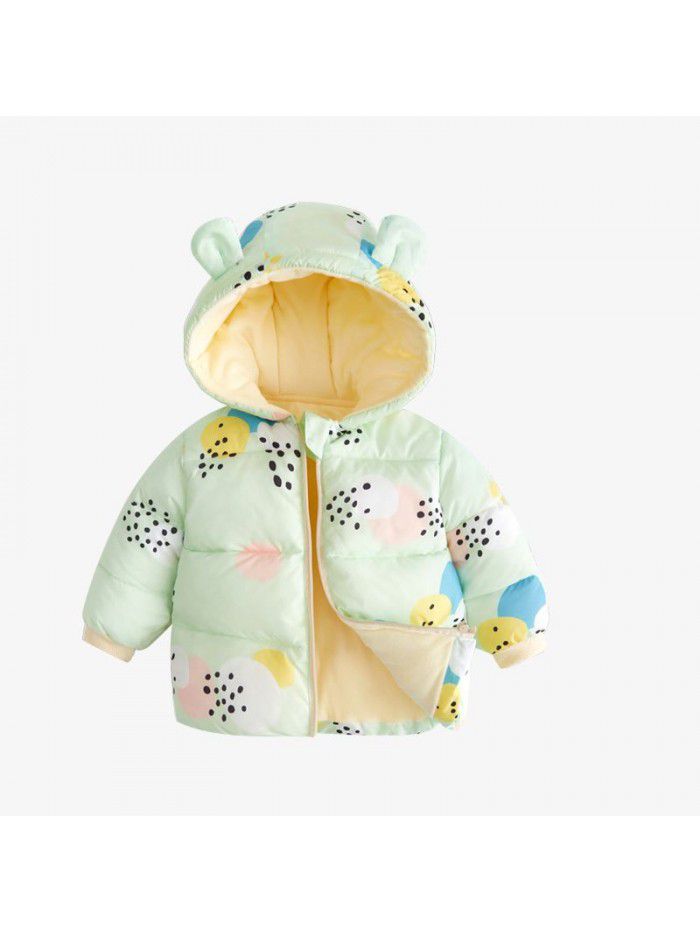 Baby's down cotton jacket, autumn and winter outdoor wear, foreign style plush hooded jacket, cute warm winter coat for boys and girls 