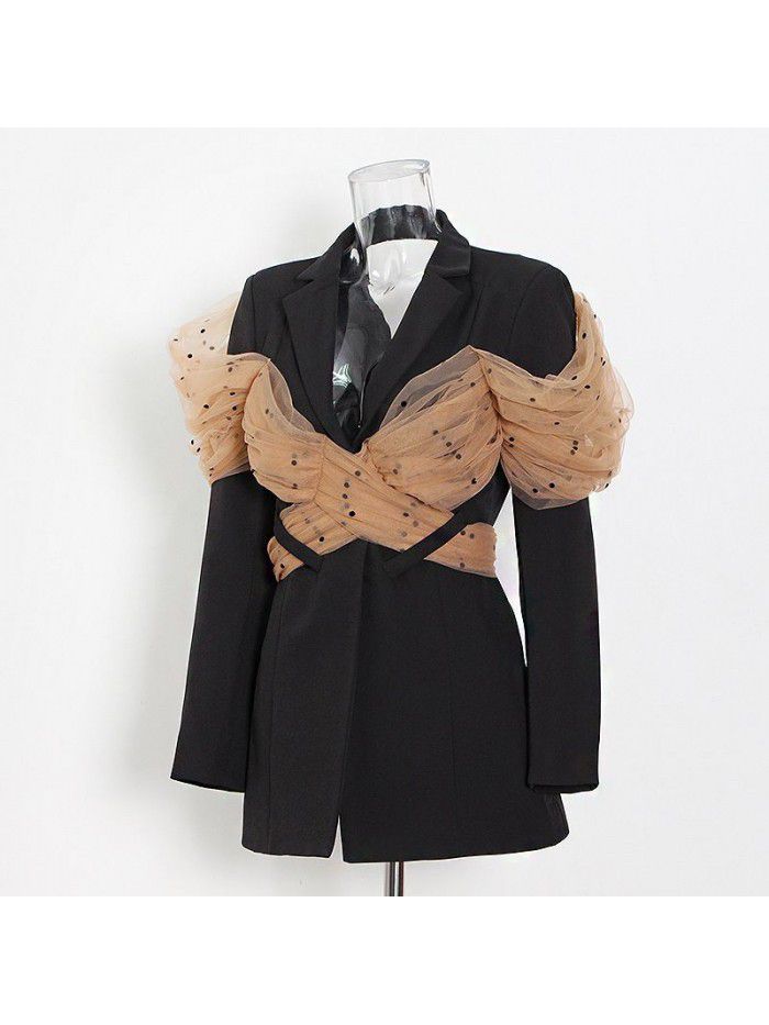 Women's autumn patchwork mesh red black casual suit top with a suit jacket