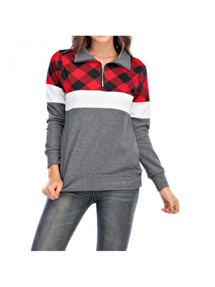 Long Sleeve Plaid Panel Zip Pocket T-shirt Casual Sweater Women's Top 