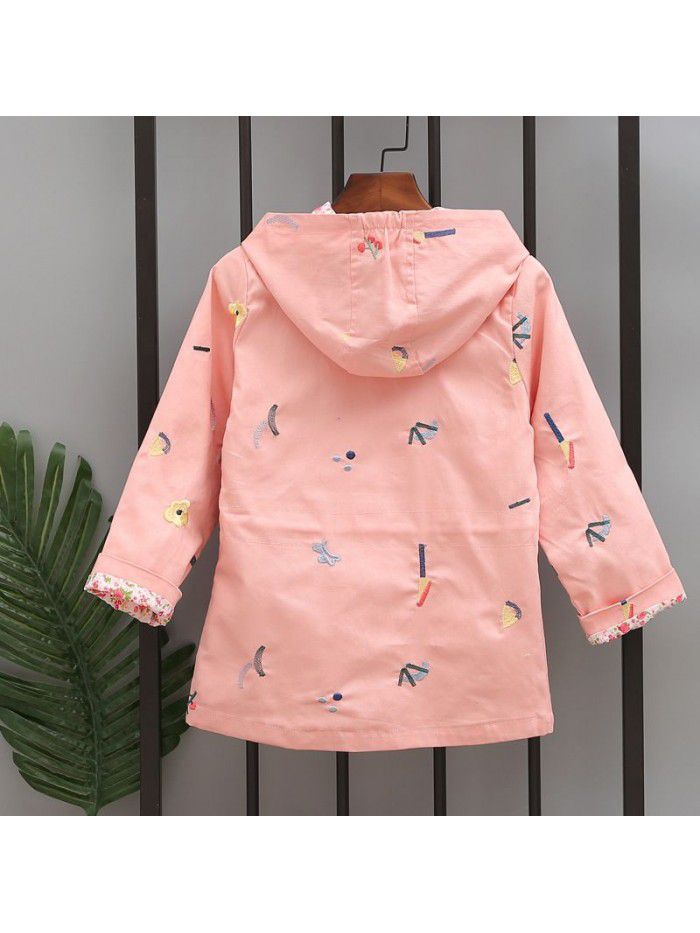 Spring Girls' All Cotton Flower Embroidered Windbreaker Drawstring Hooded Mid length Coat Top 