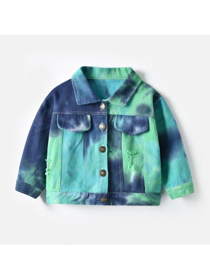 Neutral tie dyed short denim jacket New children's lapel long sleeved denim jacket