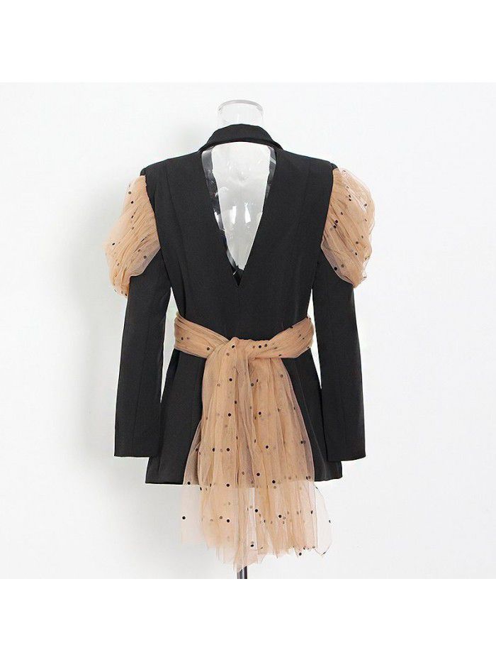 Women's autumn patchwork mesh red black casual suit top with a suit jacket