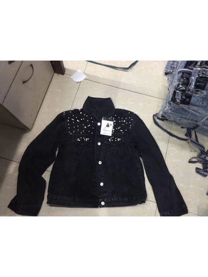 Women's short denim jacket Beaded pearl jacket Loose spring and autumn new denim jacket 