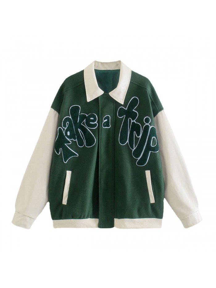 Autumn Fashion Polo Neck Jacket Loose Casual Coat Green Panel Flocking Embroidery Baseball Jersey