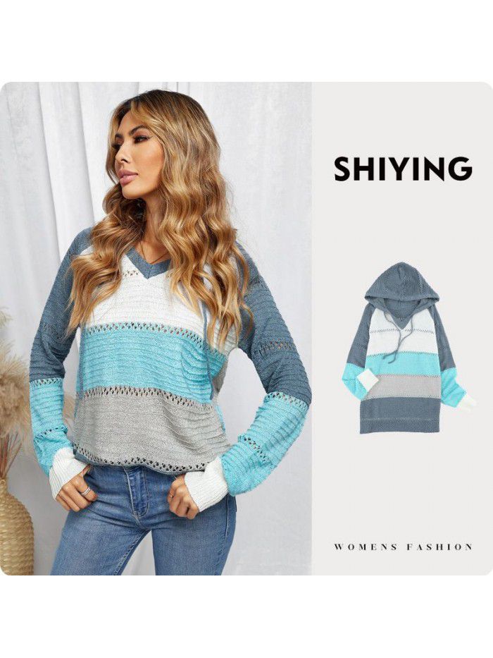 Knitted striped hooded sweater for women Spring and Autumn new long sleeved loose colored pullover top for women
