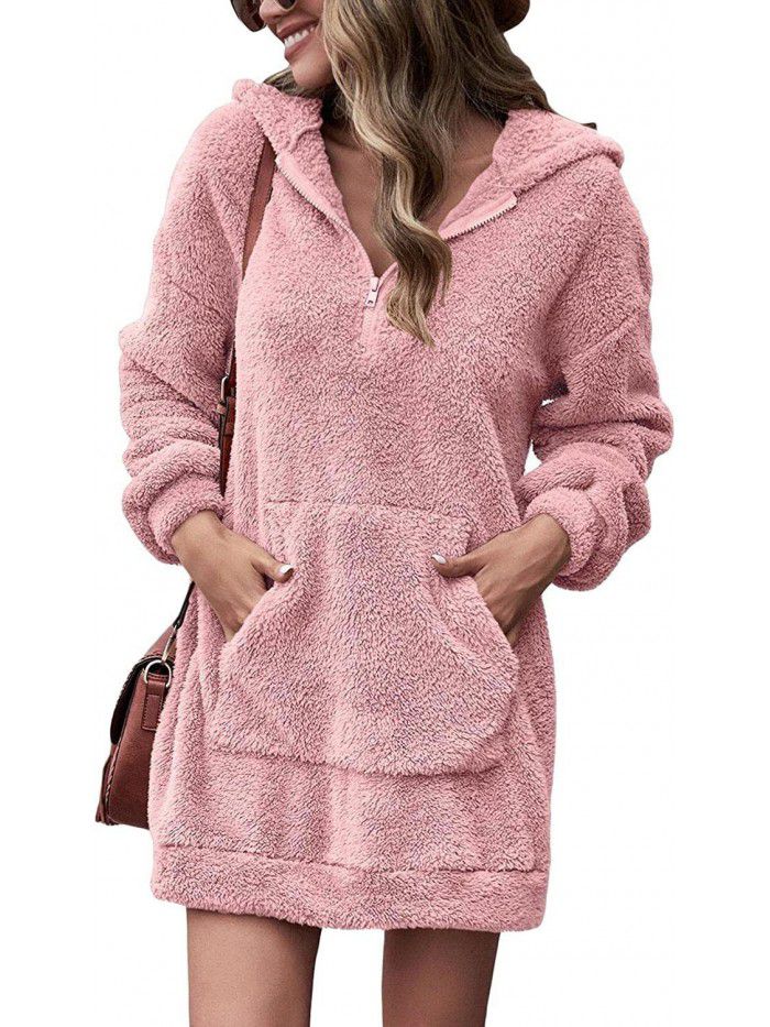 Casual loose hooded zippered plush jacket Loose warm lamb plush trench coat